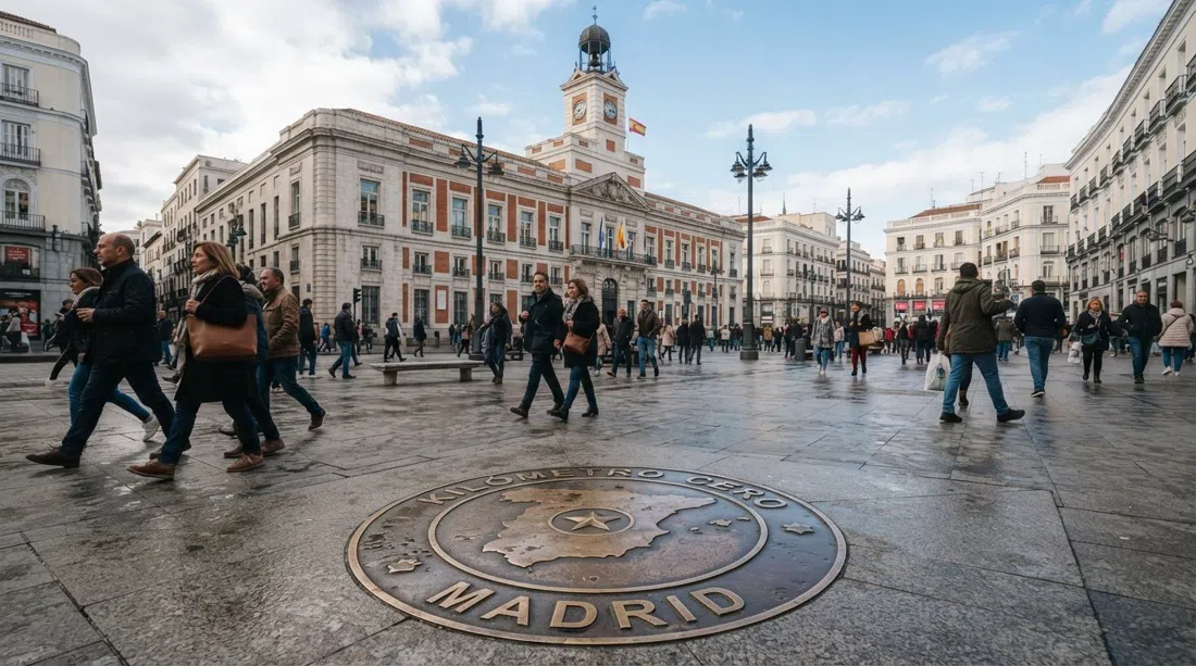 the Kilómetro Cero plaque outside the Real Casa de Correos at Puerta del Sol, with pedestrians crossing the square and the clock tower rising above them