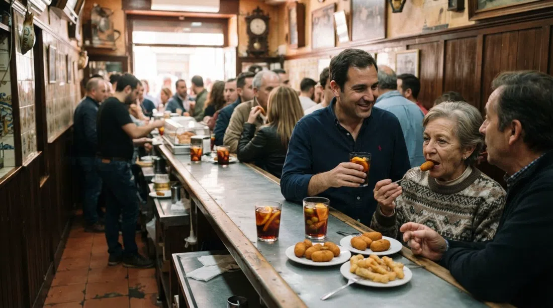 the narrow interior of Casa Labra on Calle de Tetuán, with vermouth glasses, a busy counter and plates of cod croquettes and soldaditos de Pavía