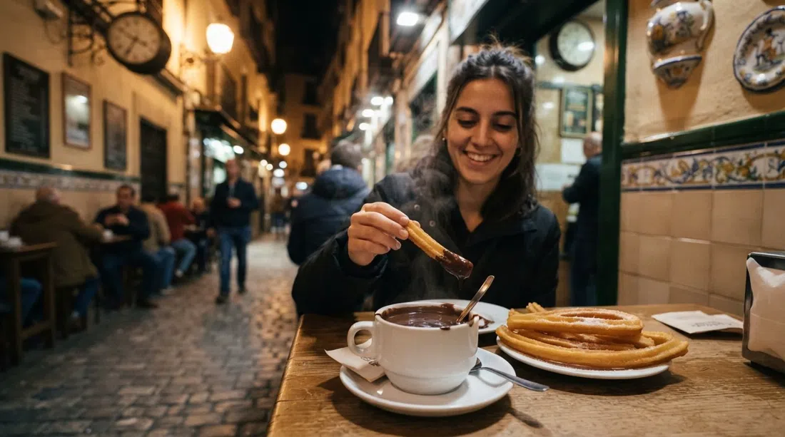 churros con chocolate at Chocolatería San Ginés in the passageway off Calle Arenal, steam rising from the cup in the late-night light