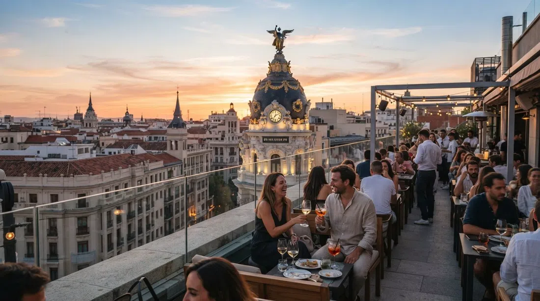 the rooftop terrace of Azotea del Círculo de Bellas Artes at sunset, with Madrid’s skyline spread out in warm light and the dome of the Edificio Metrópolis visible