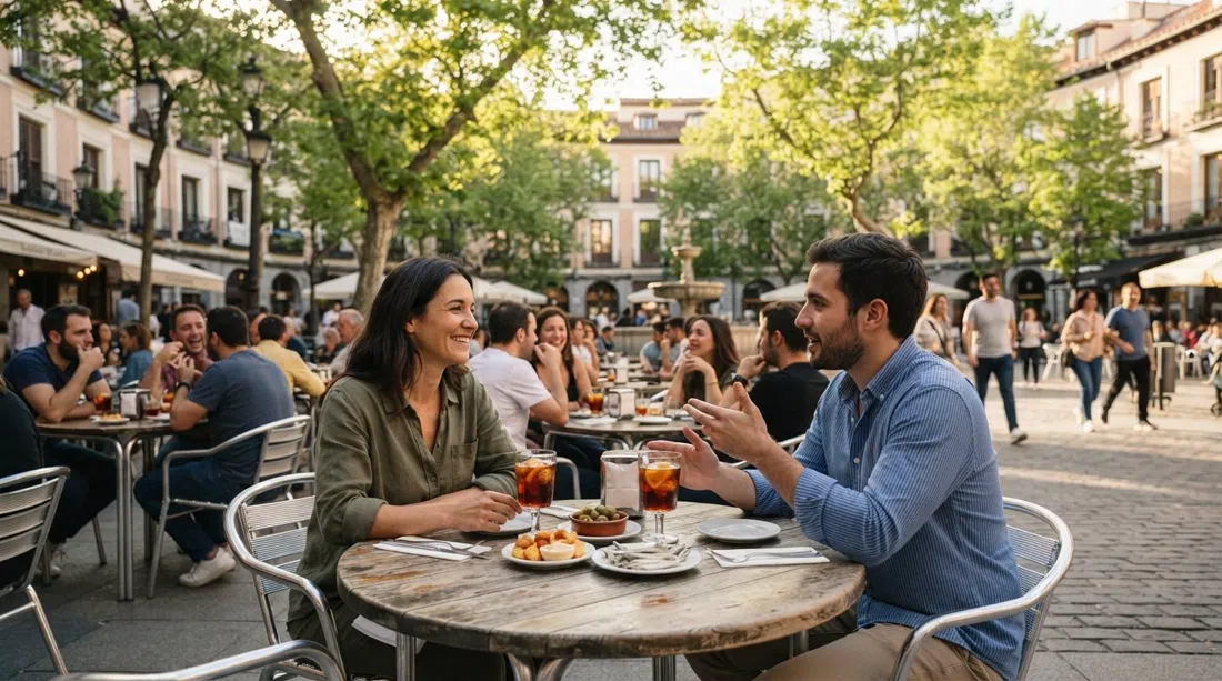 Plaza de Olavide at aperitivo hour, terrace tables under new trees, vermouth glasses and small plates in the late-afternoon light