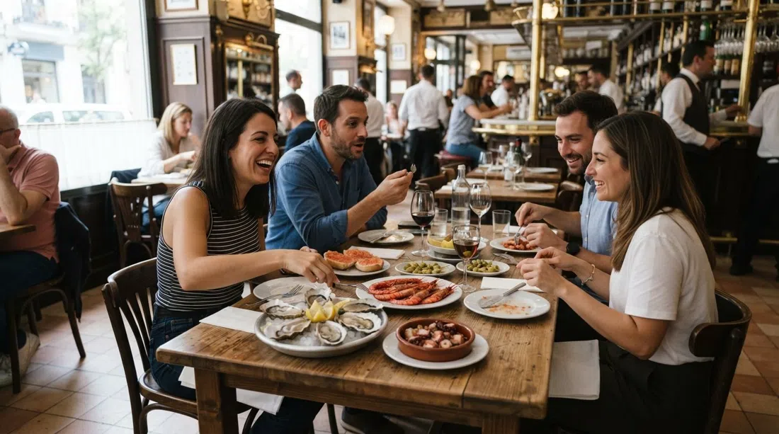 La Máquina de Chamberí on Calle Ponzano, a polished seafood dining room with oysters, red prawns and tapas on the table