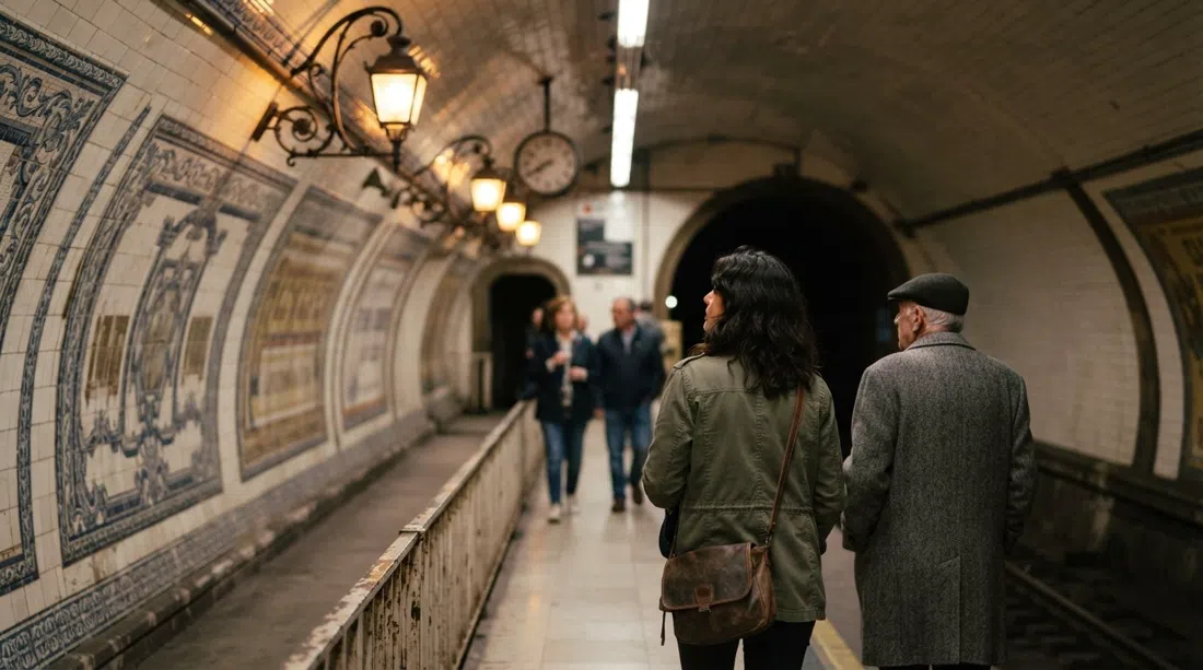 Andén 0 beneath Plaza de Chamberí, a preserved ghost metro platform with 1919 ceramic adverts and period lighting