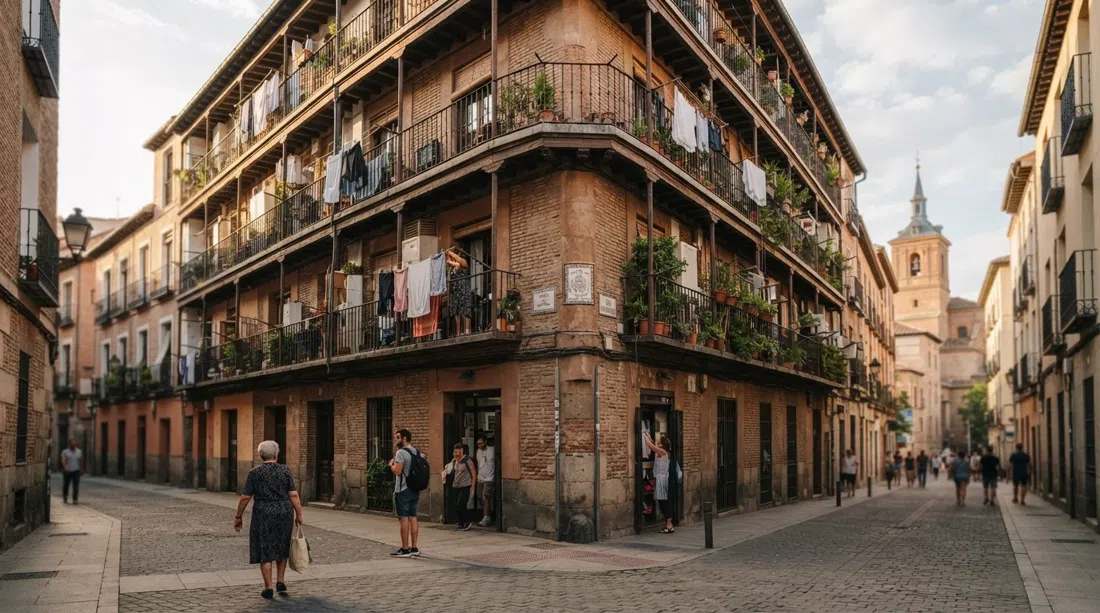 La Corrala at the corner of Calle Mesón de Paredes and Calle Tribulete, with its galleried courtyard balconies and 19th-century brick facade in soft afternoon light