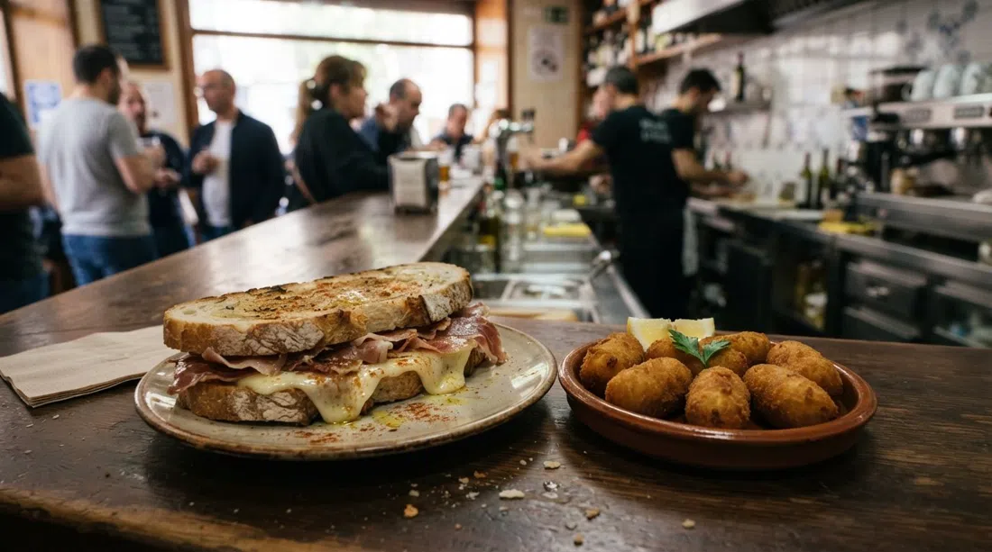 a Bar Melo’s zapatilla sandwich on rustic bread with melted tetilla cheese and lacón, plus a plate of ham croquetas on a simple bar table