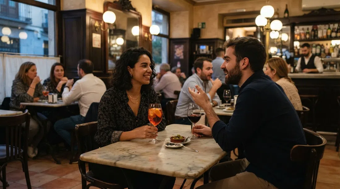 the marble-tabled interior of Café Barbieri on Calle del Ave María, with warm lamplight, cocktails and an old café atmosphere