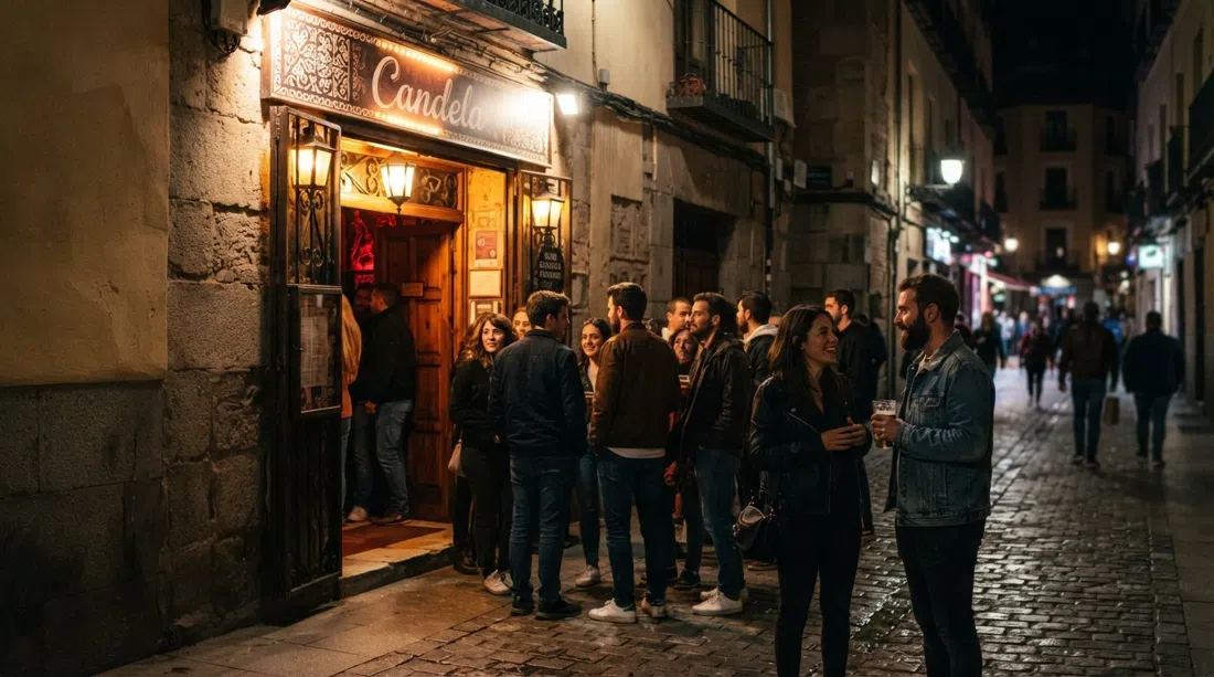 Candela on Calle del Olmo at night, with its flamenco cueva entrance glowing and a small crowd gathering before the late set