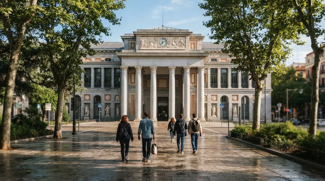 the Museo del Prado facade on a quiet morning, tree shade across the Paseo del Prado and a few early visitors crossing the pavement