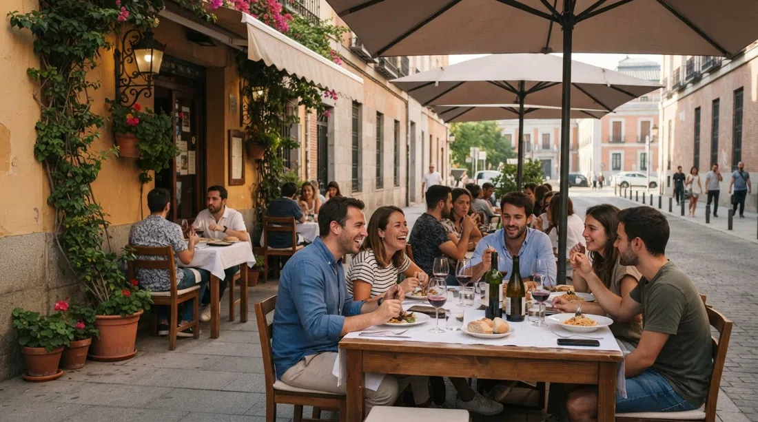 the summer terrace at Trattoria SantArcangelo on Calle Moreto 15, tables set for a long lunch with the Prado side streets just beyond