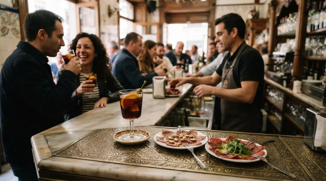 La Castela at Calle Doctor Castelo 22, tin counter and marble bar with a glass of vermút and small plates of mojama and cecina