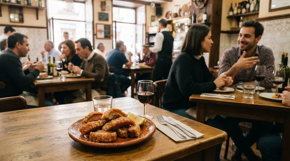 a plate of crisp torreznos at La Raquetista, golden pork belly beside a small glass of wine in a busy Doctor Castelo dining room