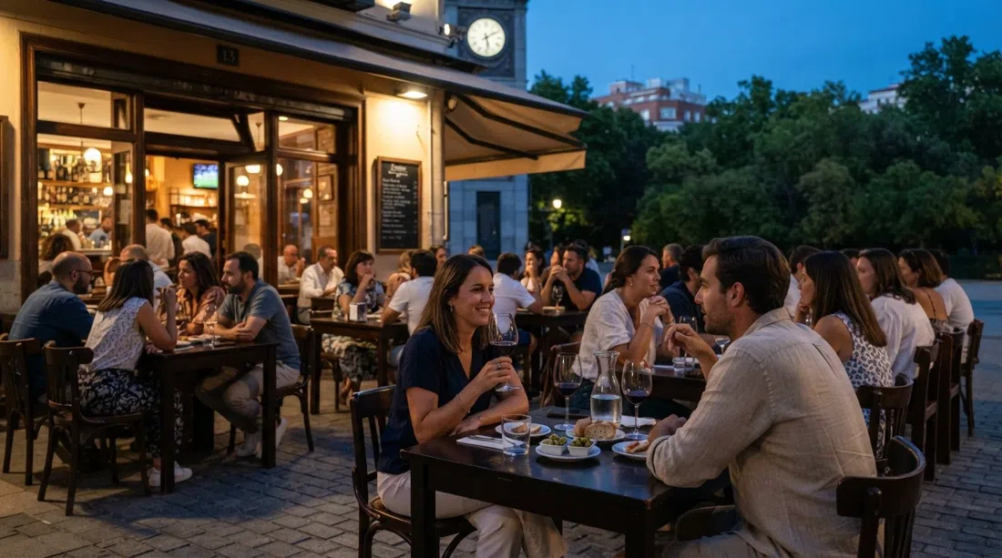 Arzábal on Avenida de Menéndez Pelayo 13 at dusk, terrace tables facing the park with glasses of wine catching the last light