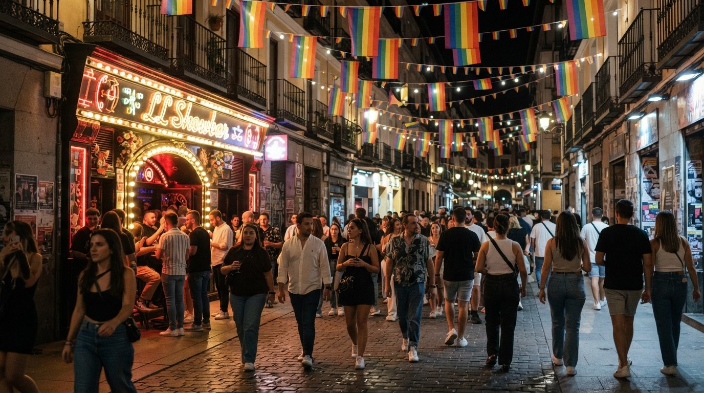 Calle Pelayo at night in Chueca, rainbow flags above a busy street with the glowing frontage of LL Showbar