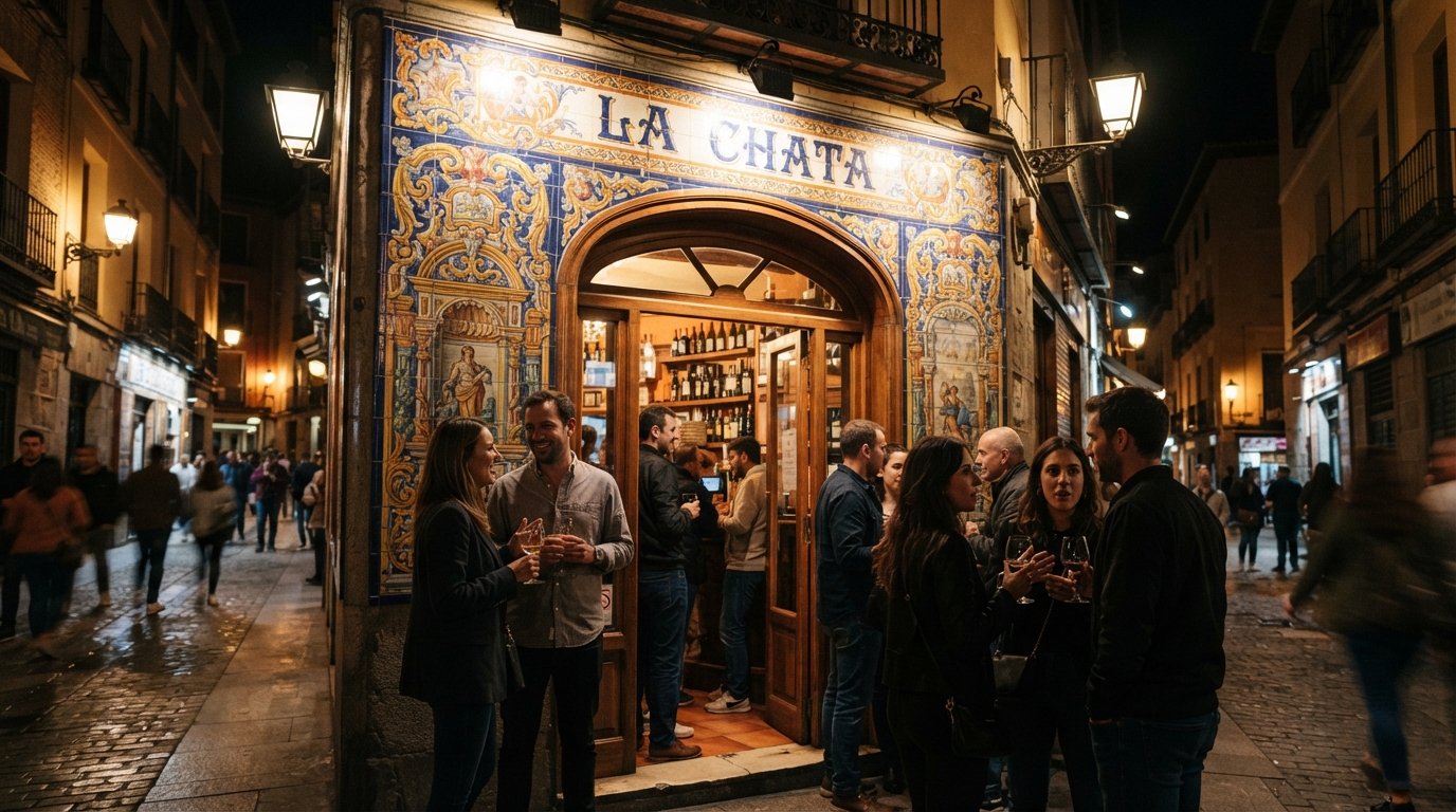 La Chata 在卡瓦巴哈街拉丁区,手绘瓷砖外墙在温暖的街灯下熠熠生辉,餐酒馆入口处人群熙攘