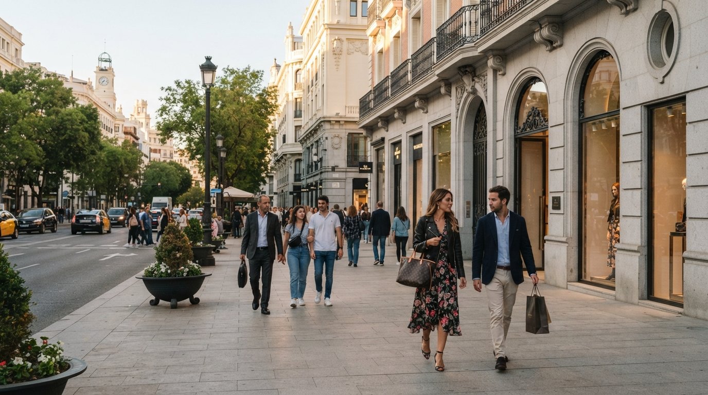 Calle Serrano on the Golden Mile in Barrio de Salamanca, glossy luxury storefronts and broad pavements under late-afternoon light