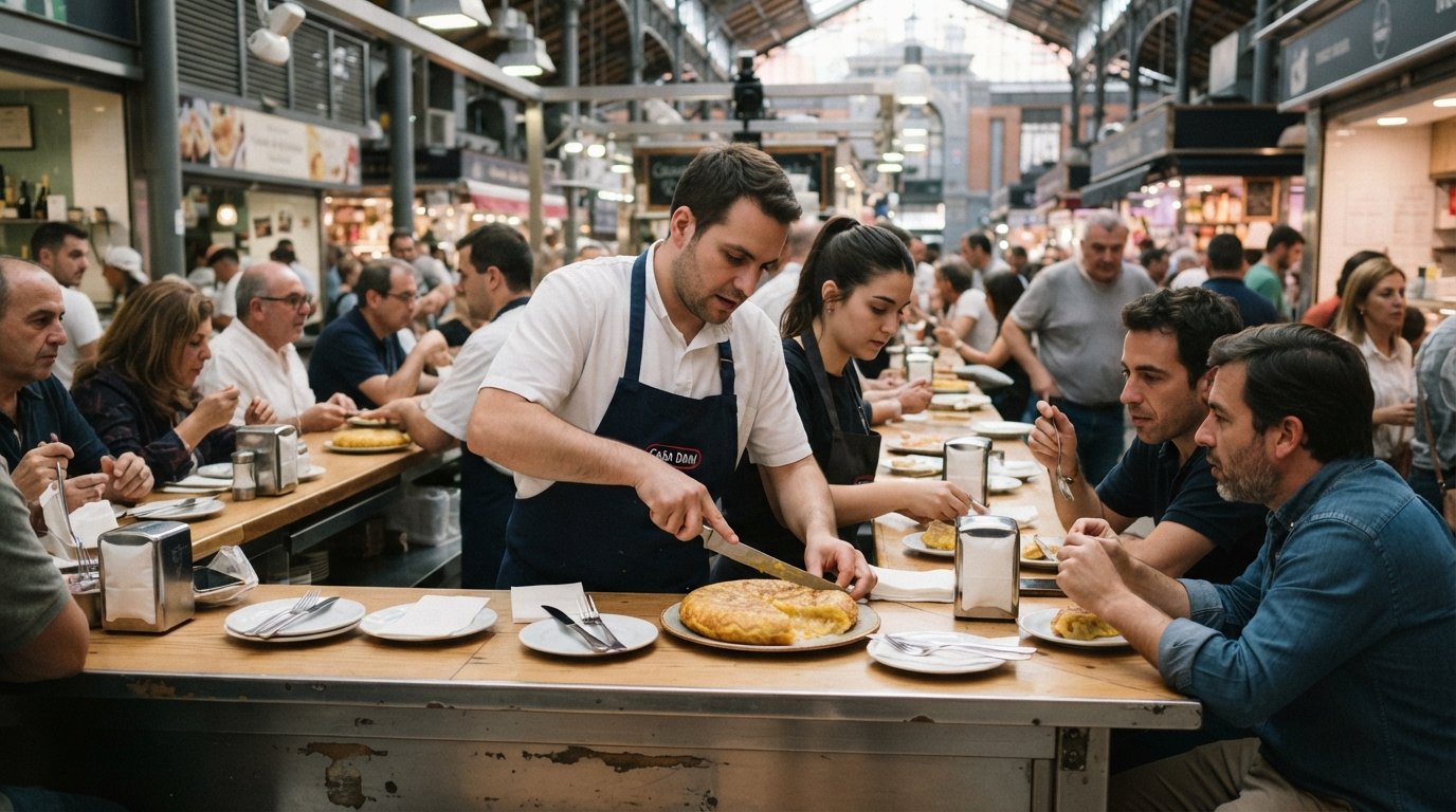 the counter at Casa Dani inside Mercado de la Paz, a runny tortilla de patata being sliced at lunch with market bustle around it