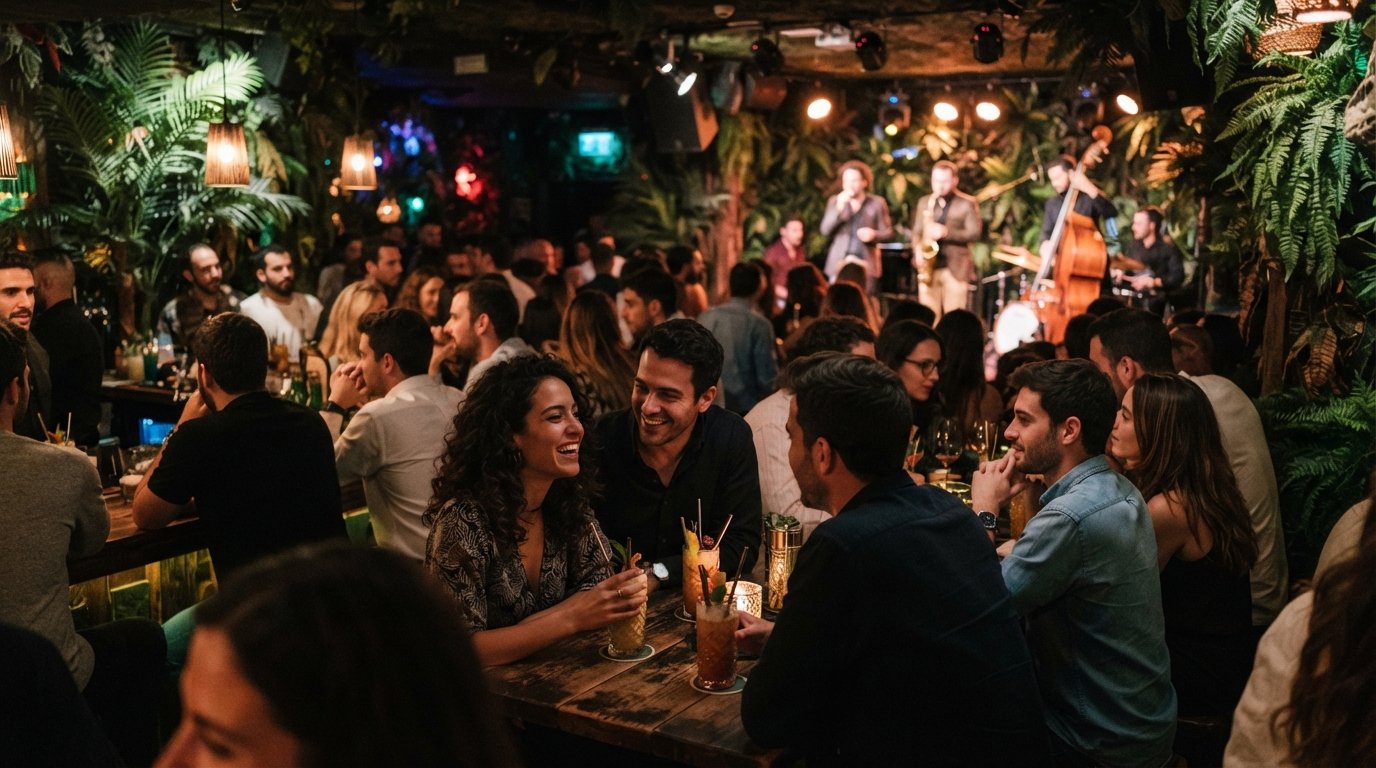 Jungle Jazz Club by Amazónico on Jorge Juan, a dim basement bar with live music, tropical cocktails and late-night crowd energy