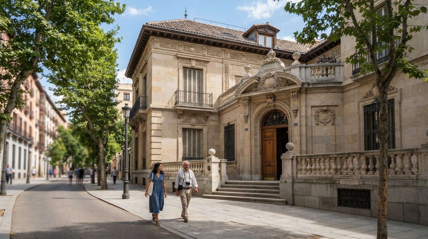 the Museo Lázaro Galdiano mansion on a quiet Salamanca street, elegant stone frontage and collector’s-house atmosphere in daylight