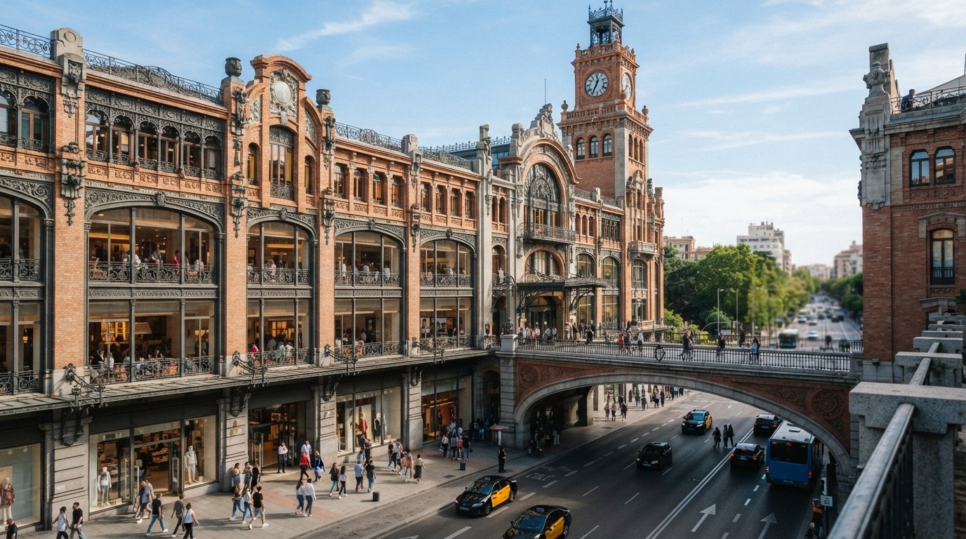 the façade of ABC Serrano bridging Serrano and the Paseo de la Castellana, a converted building with shops and light-filled interiors
