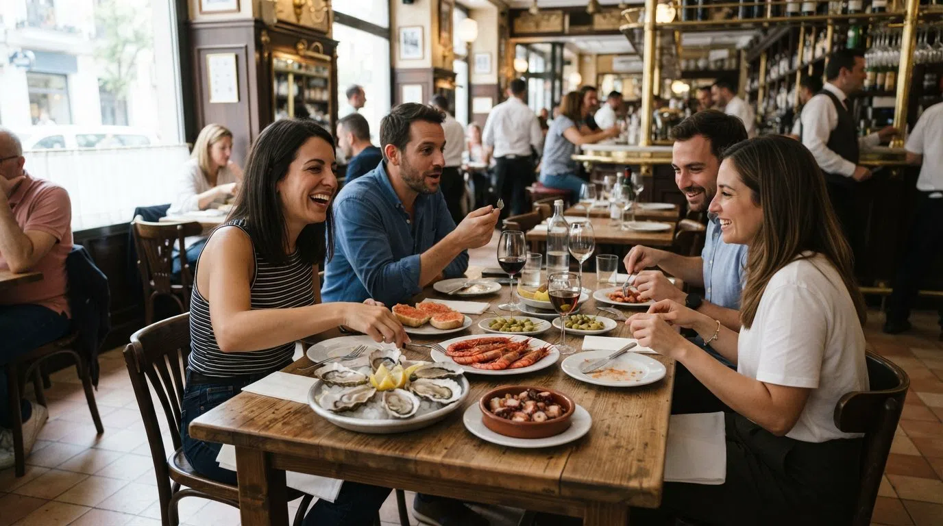 La Máquina de Chamberí on Calle Ponzano, a polished seafood dining room with oysters, red prawns and tapas on the table